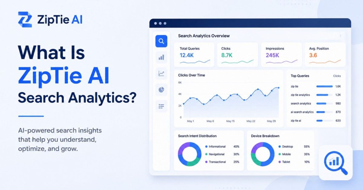 ZipTie AI search analytics dashboard showing AI search visibility, queries, performance insights, and search data analysis.