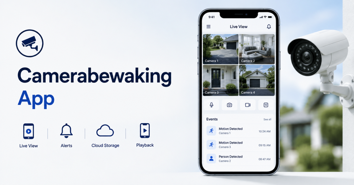 Camerabewaking App showing live security camera monitoring, motion alerts, cloud storage, and video playback on a smartphone.