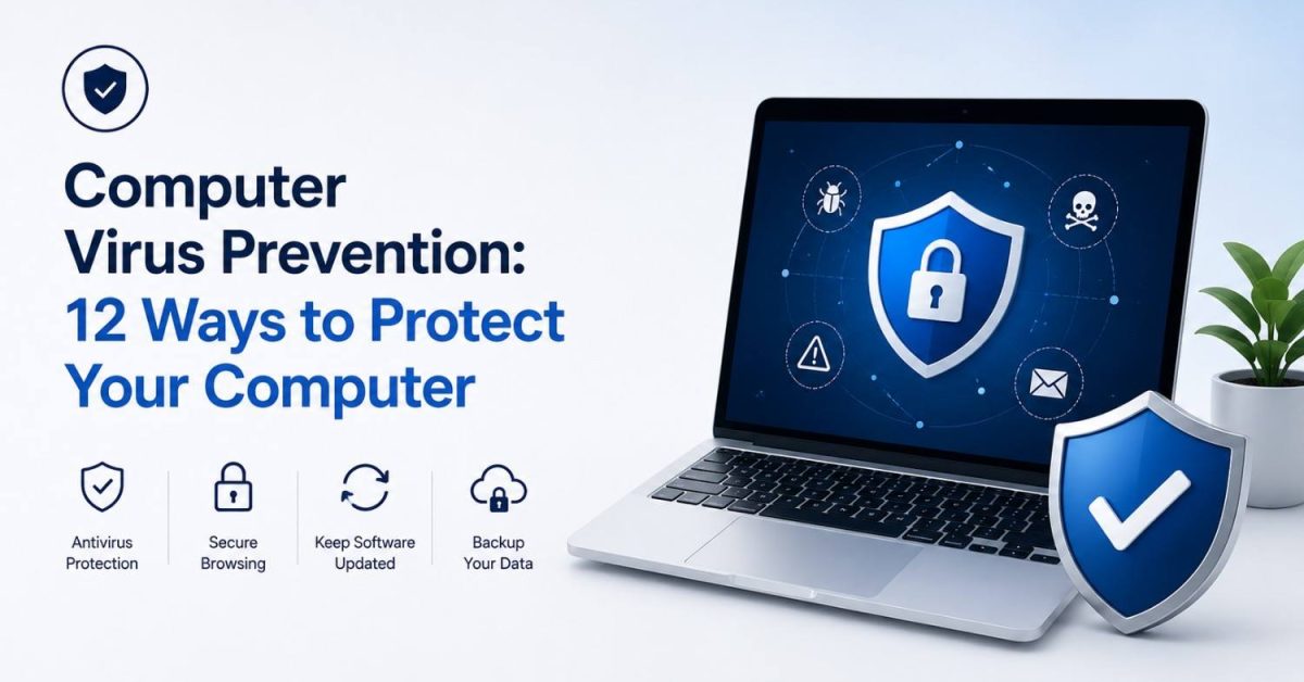 Computer Virus Prevention illustration showing antivirus protection, secure browsing, software updates, data backup, and computer security.