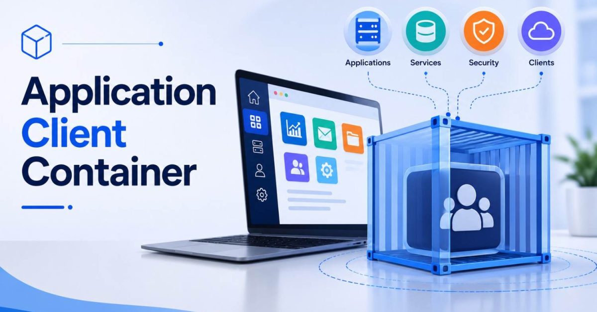 Application Client Container illustration showing client applications, services, security, and connected application components.