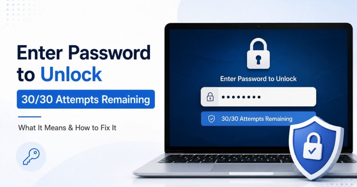 Enter Password to Unlock 30/30 Attempts Remaining screen showing a password field, device lock, and security warning.