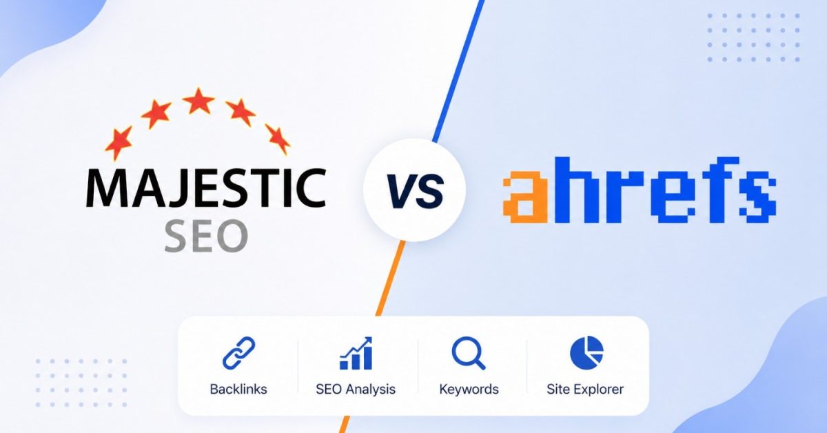 Majestic SEO vs Ahrefs comparison illustration showing two SEO tools with backlink analysis, keyword research, and site explorer features.