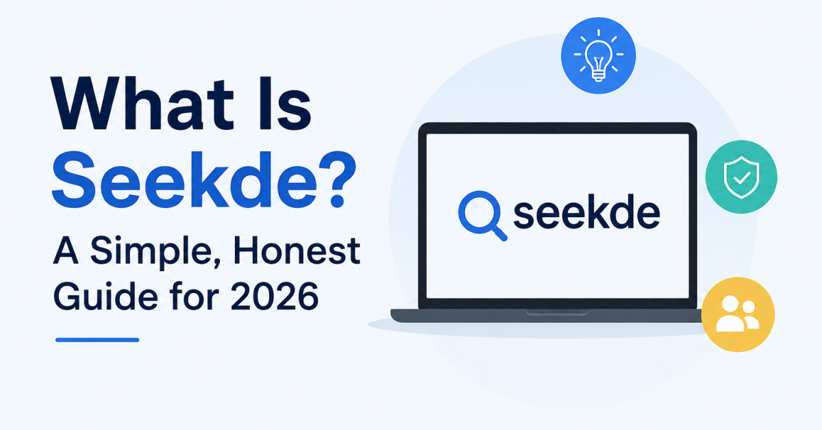 Illustration showing the Seekde platform on a laptop screen with search, security, and user icons, representing an easy-to-understand guide to Seekde in 2026.