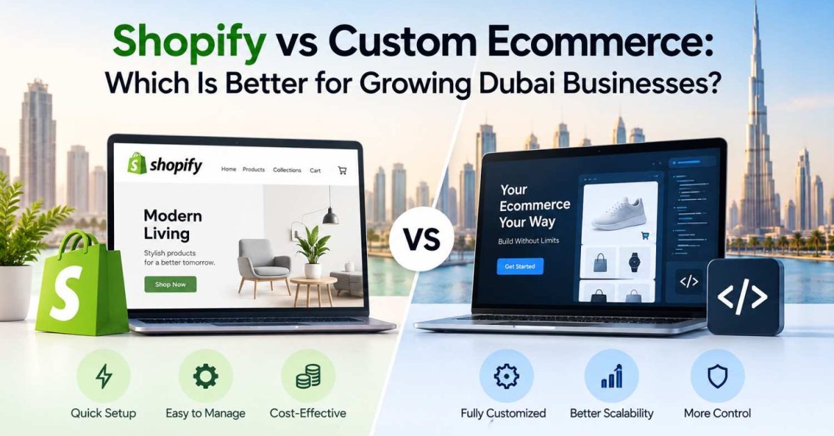 Shopify vs Custom Ecommerce comparison for growing Dubai businesses, showing differences in setup, customization, scalability, and control.