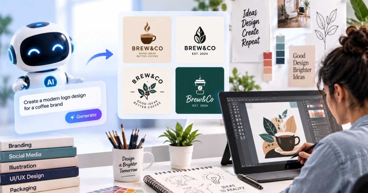 Creative ways to use AI for custom designs, including logo creation, branding, illustrations, and AI-assisted graphic design.