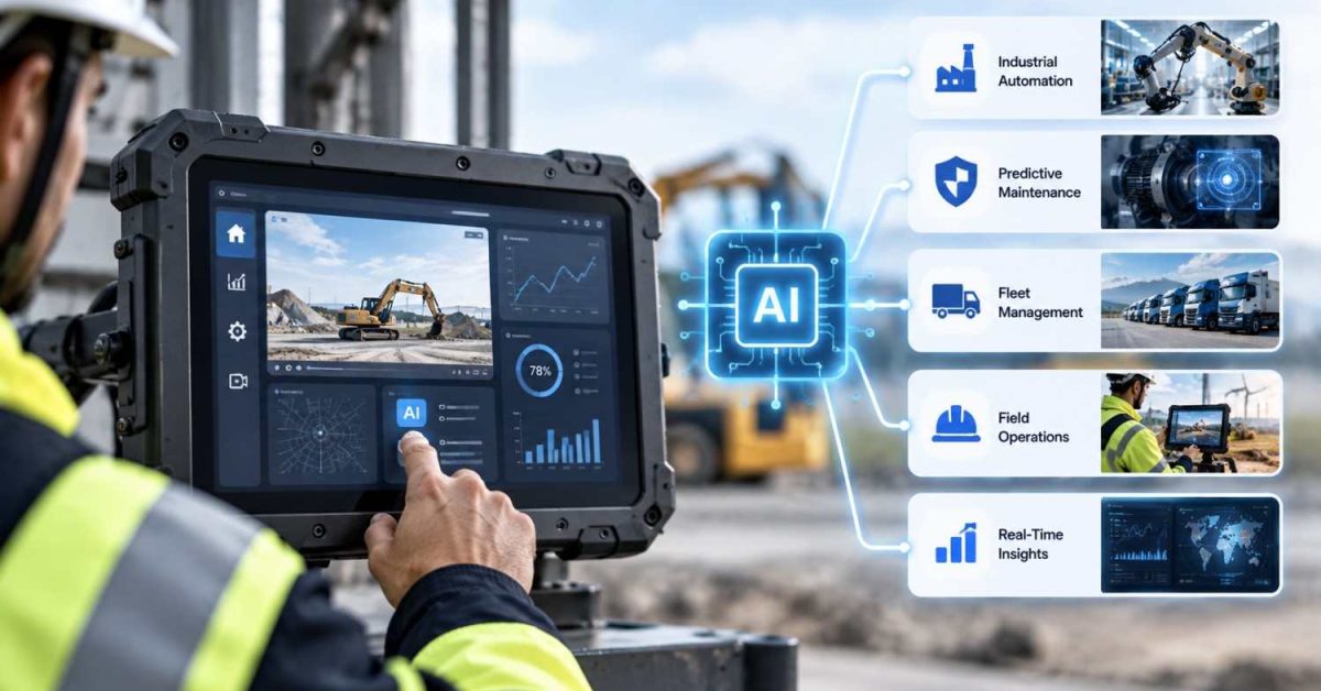 AI integration with rugged displays showing an industrial worker using an AI-powered rugged tablet for real-time monitoring and field operations.