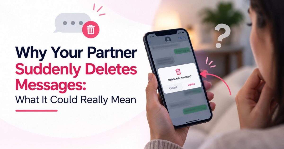 Why your partner suddenly deletes messages, showing a deleted chat message on a phone and questions about what it could mean.