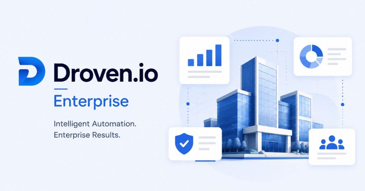Droven.io Enterprise illustration showing intelligent automation, analytics, security, and enterprise business solutions.