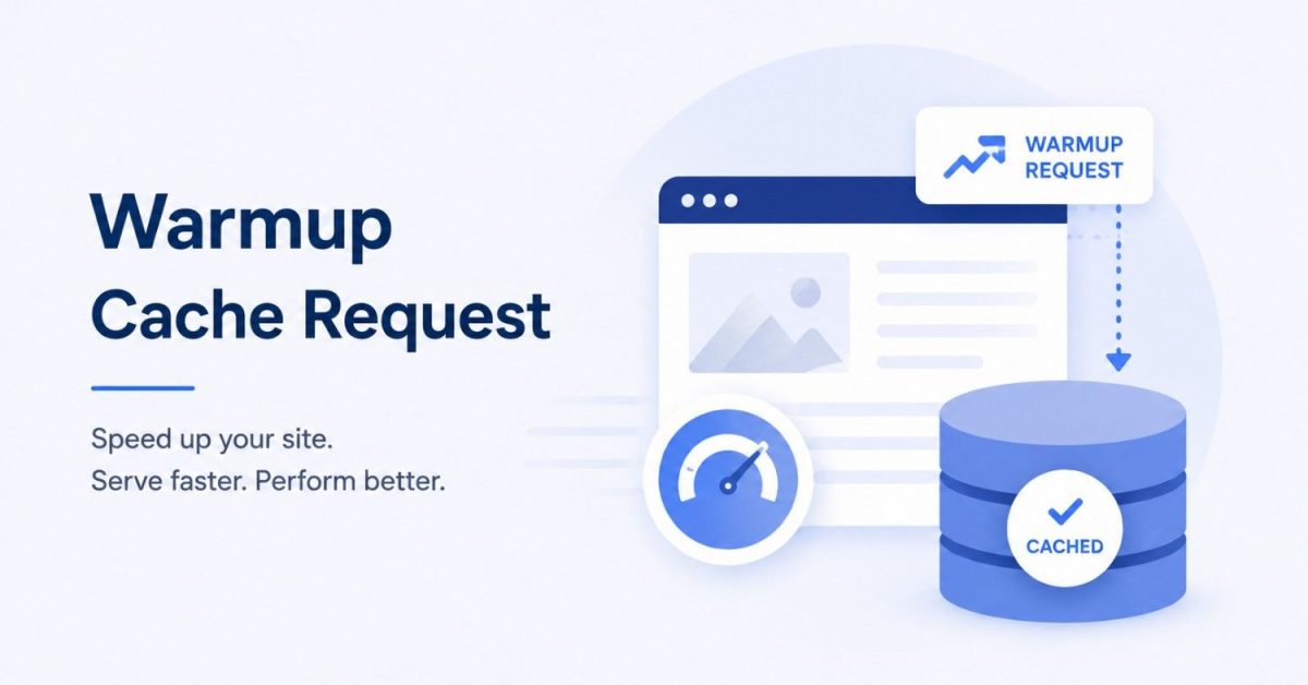 Warmup Cache Request illustration showing website caching, server performance, and faster page loading.