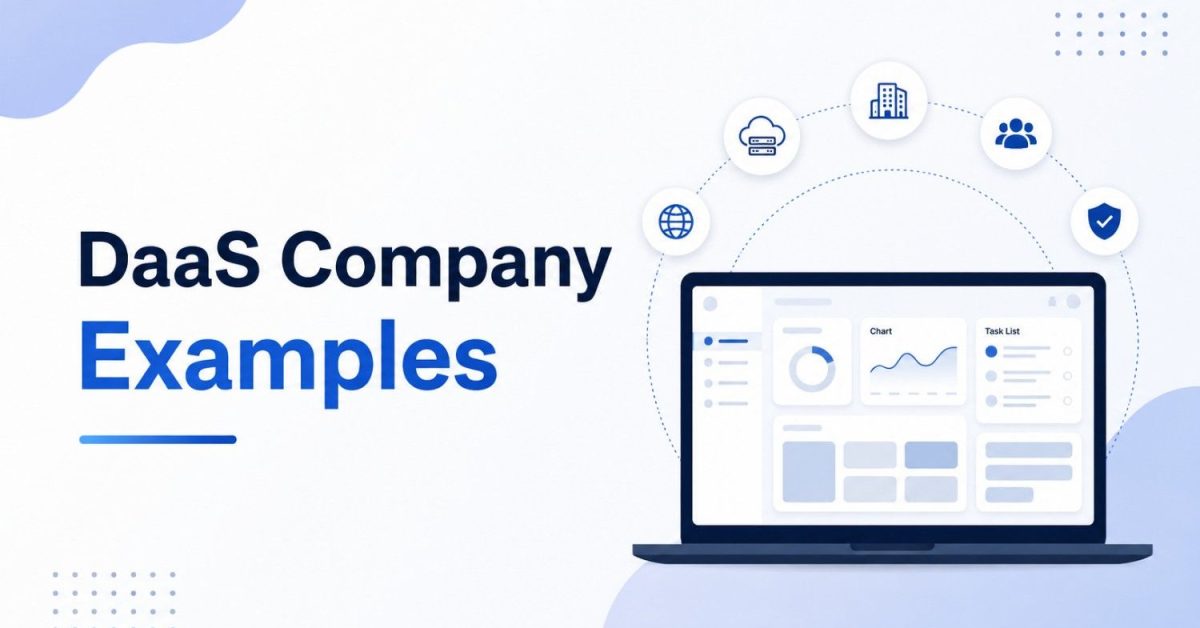 Illustration showing DaaS company examples with a cloud-based data platform, analytics dashboard, and connected business services.