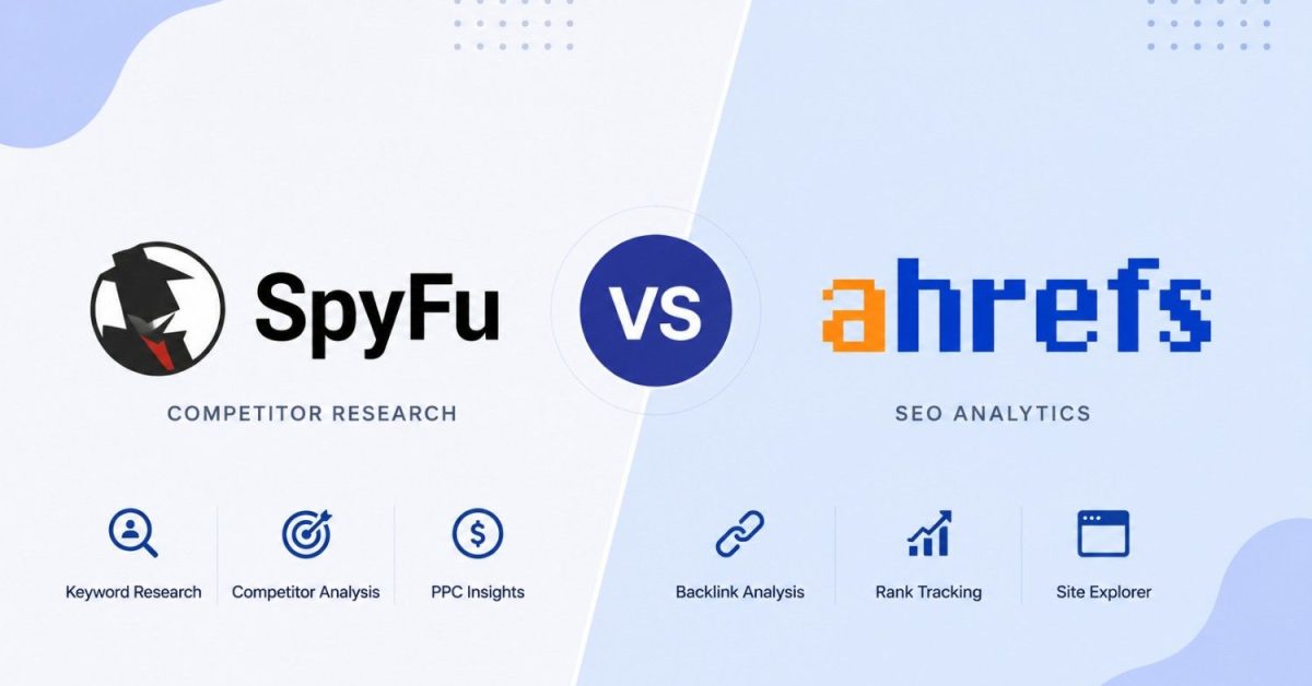 SpyFu vs Ahrefs comparison illustration featuring two SEO tools for keyword research, competitor analysis, backlink analysis, and rank tracking.