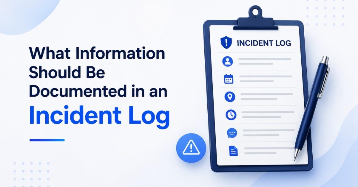 Incident log checklist showing essential information to document after a workplace or security incident