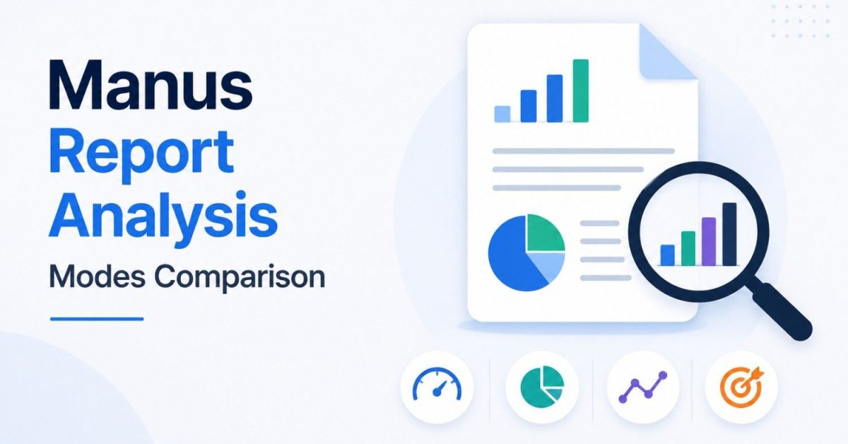 Manus Report Analysis Modes Comparison illustration showing report analytics, performance charts, and comparison dashboard