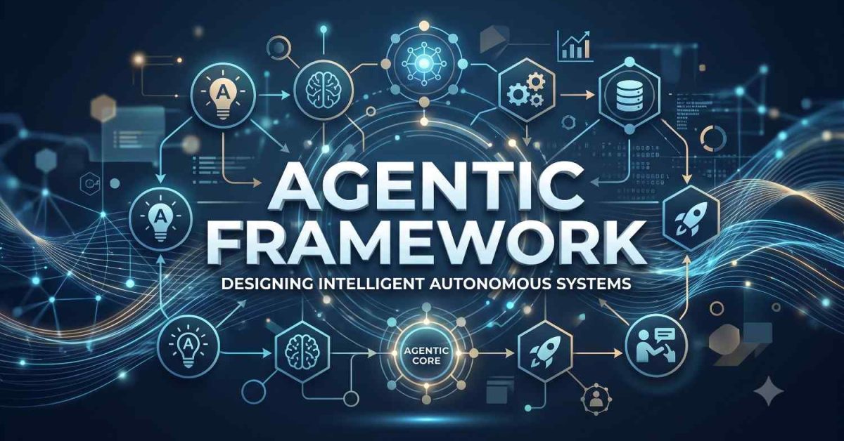 Agentic framework concept diagram illustrating intelligent autonomous AI systems and workflows.
