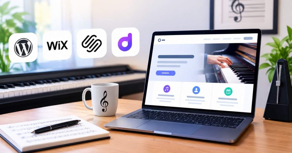Laptop displaying a piano lesson website alongside music keyboards and website builder logos, including WordPress, Wix, and Squarespace.