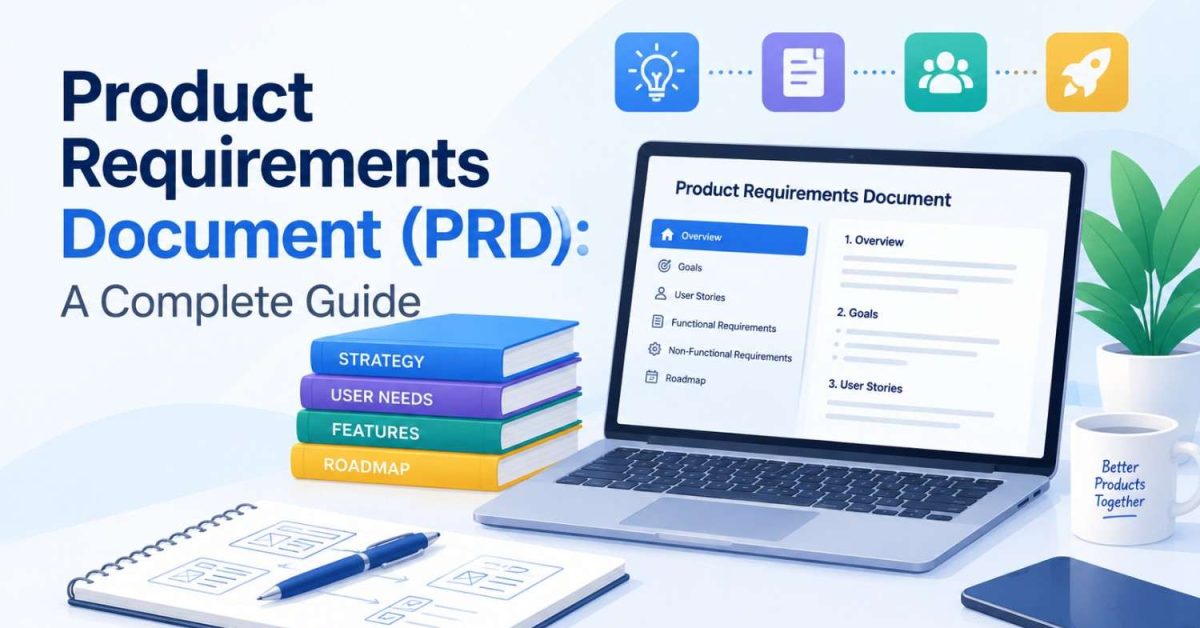 Product Requirements Document PRD guide showing a laptop with product requirements, user stories, features, and roadmap