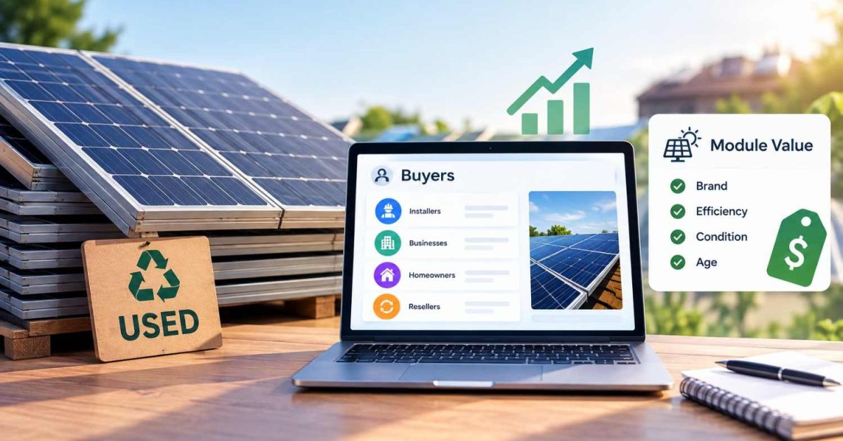 Used solar panels for resale alongside a laptop showing potential buyers and key factors affecting solar panel value.