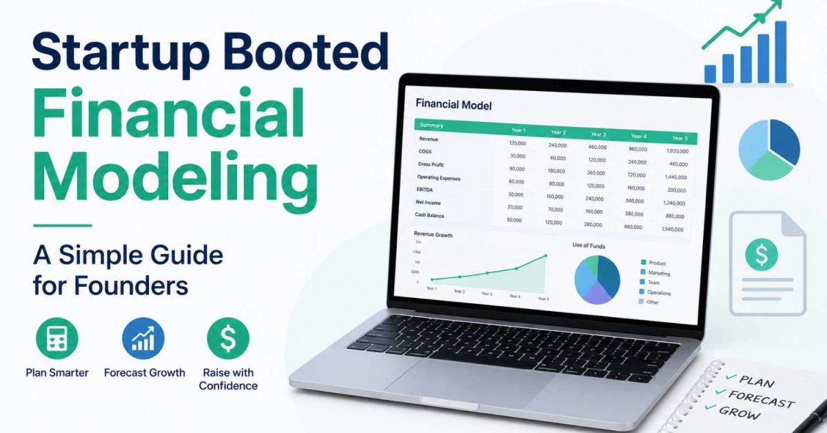Startup Booted Financial Modeling guide with financial dashboard, revenue forecast, and budgeting tools for startup founders